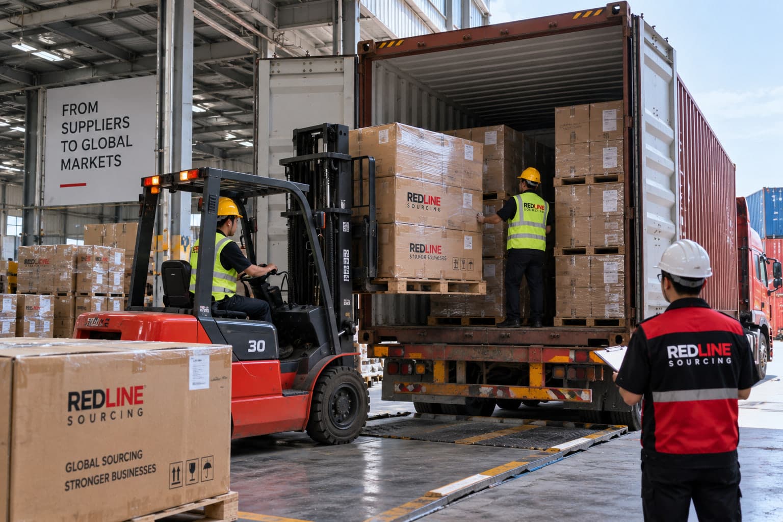 Forklift loading pallets into a shipping container inside a warehouse