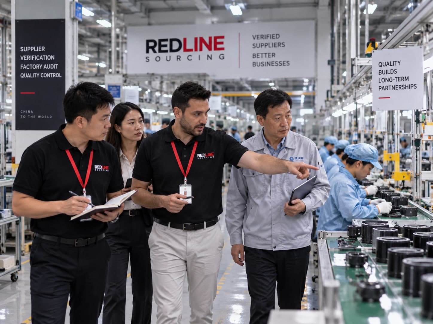 Sourcing team walking a production line with the factory manager during an audit