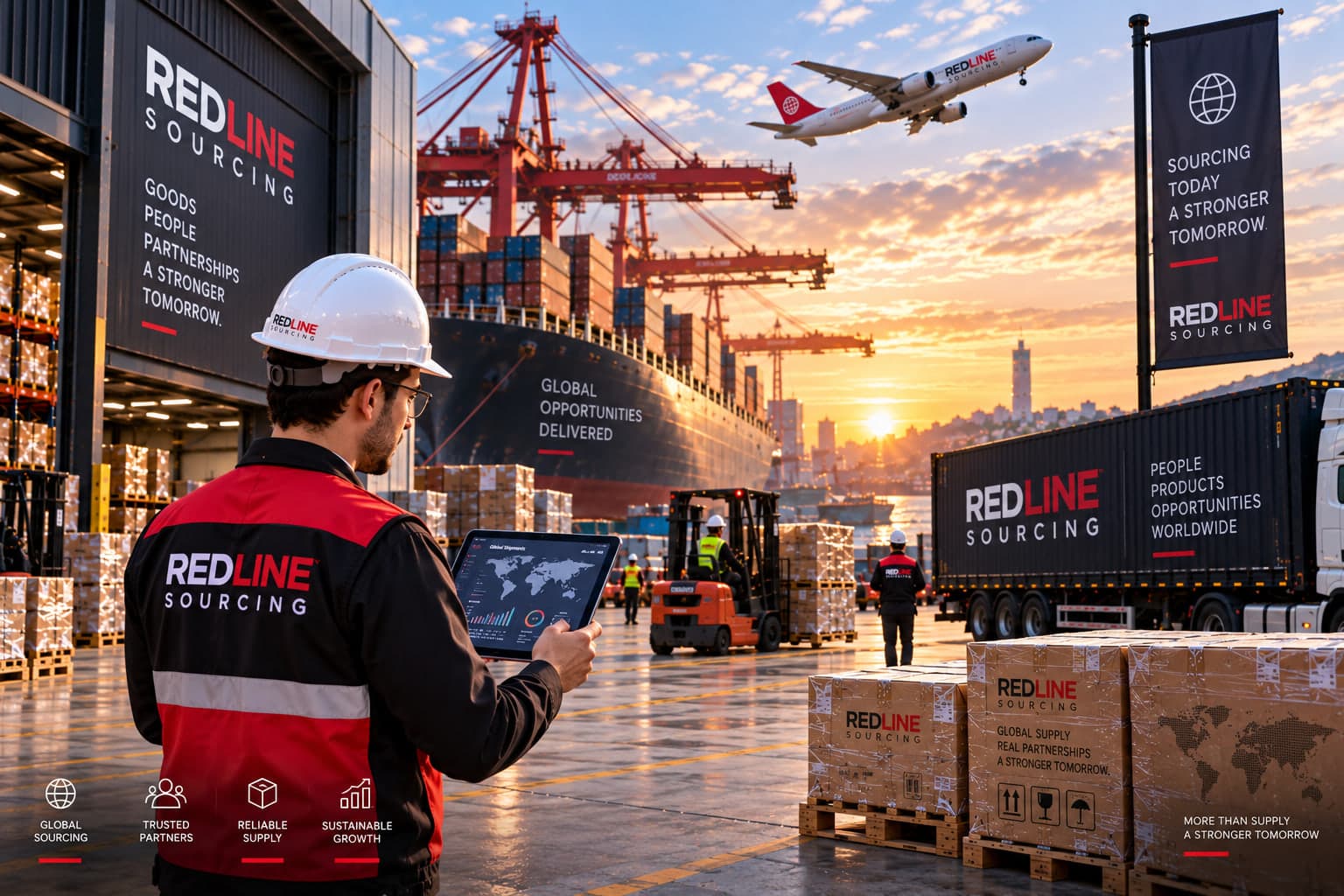 Port supervisor reviewing a tablet with cranes and a container ship behind