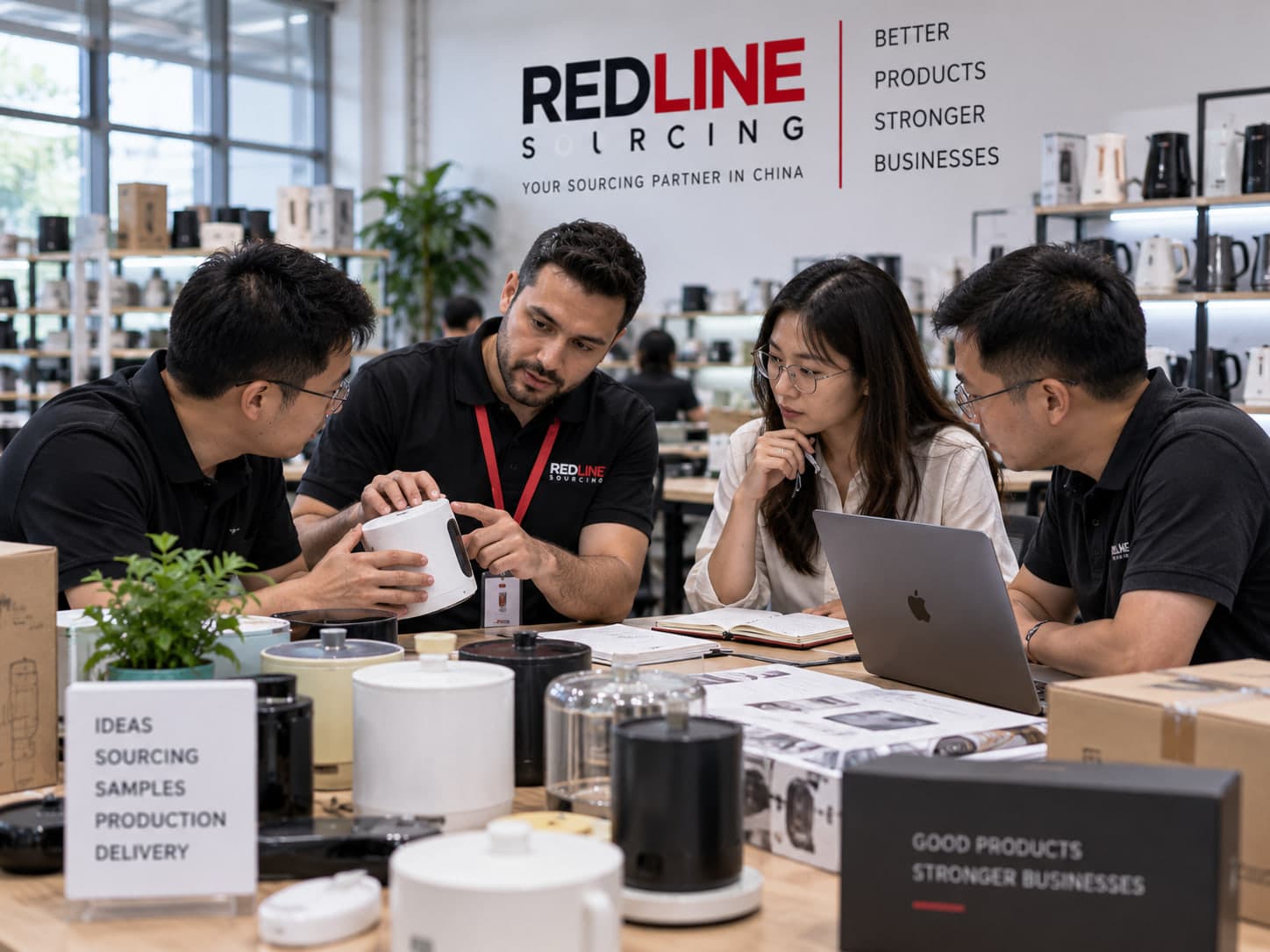 Team comparing product samples around a table in a supplier showroom